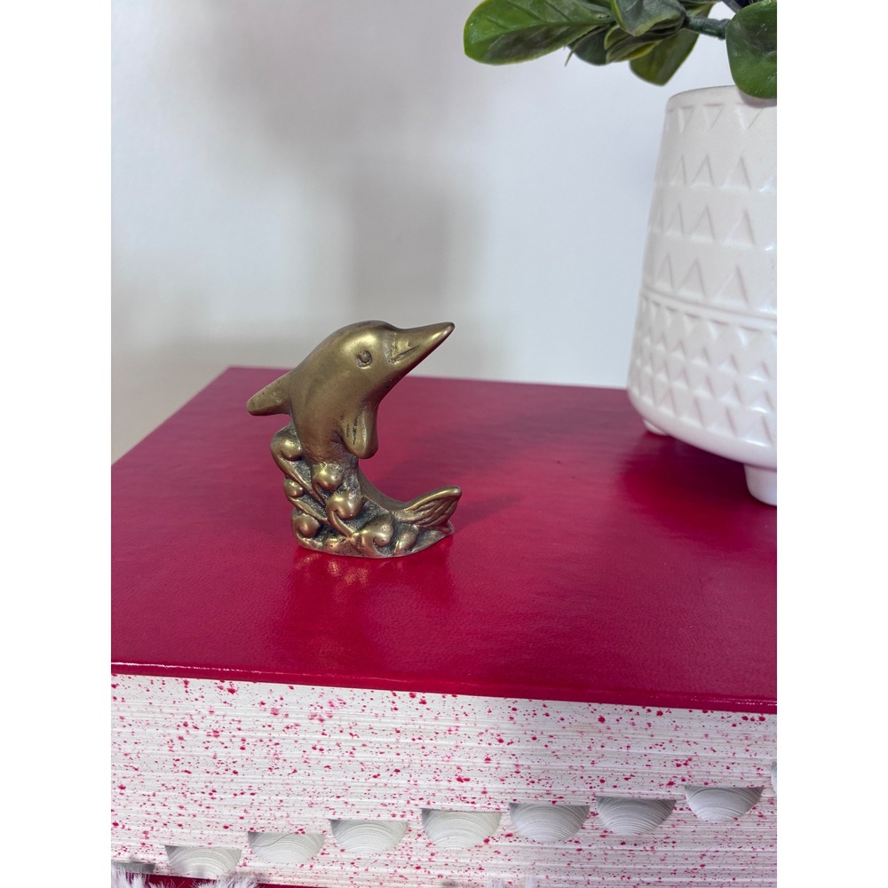 Vintage Solid Brass Dolphin Figurine Miniature Nautical Ocean Decor Sculpture